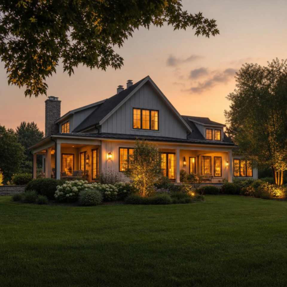 A home glowing warmly at dusk, watched over and safe