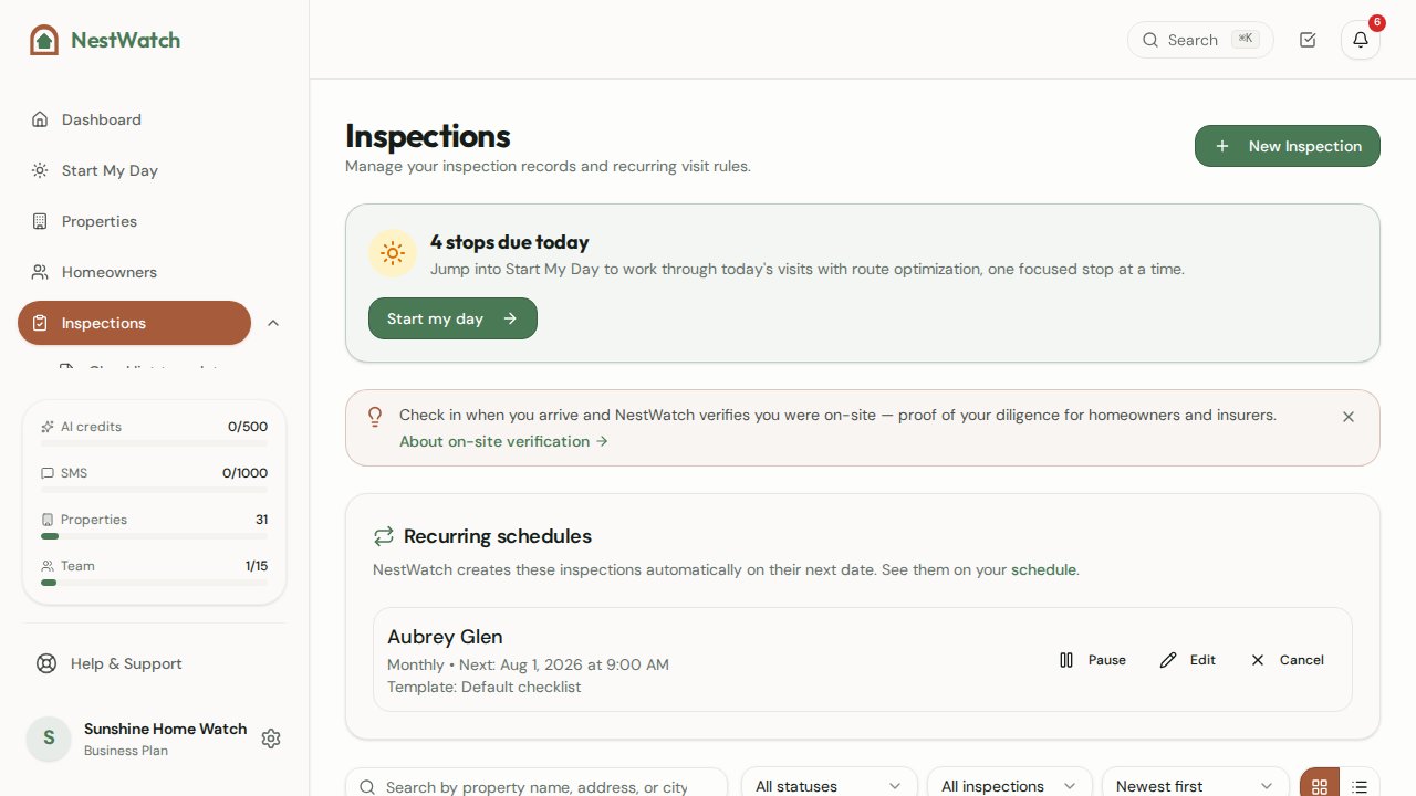 NestWatch inspections screen listing scheduled and completed home watch visits with status and dates
