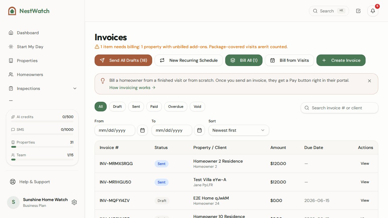 NestWatch invoices screen showing billing status, amounts, and payment state for homeowners