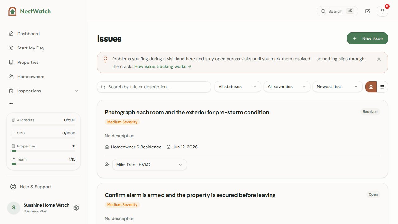 NestWatch issues screen showing flagged property problems with severity and resolution status