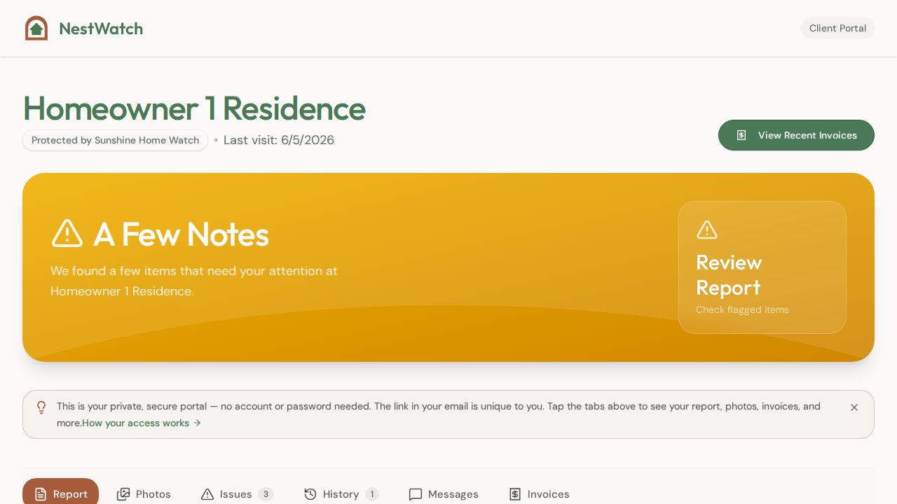 The NestWatch homeowner portal showing a home report summary